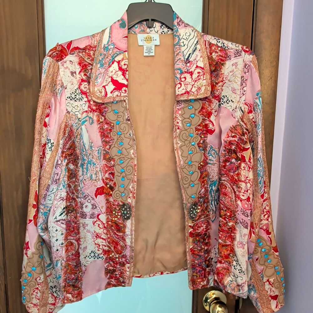 Sandy Starkman VTG 100% Silk Patchwork Jacket 2X Wearable Art Beaded Boho